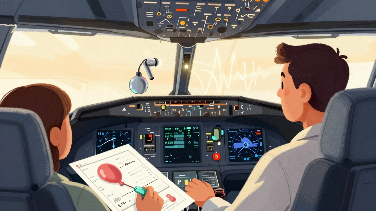 Futuristic airplane with smart earplug tech and medical balloon dilation chart, illustrating advanced ear pressure solutions.