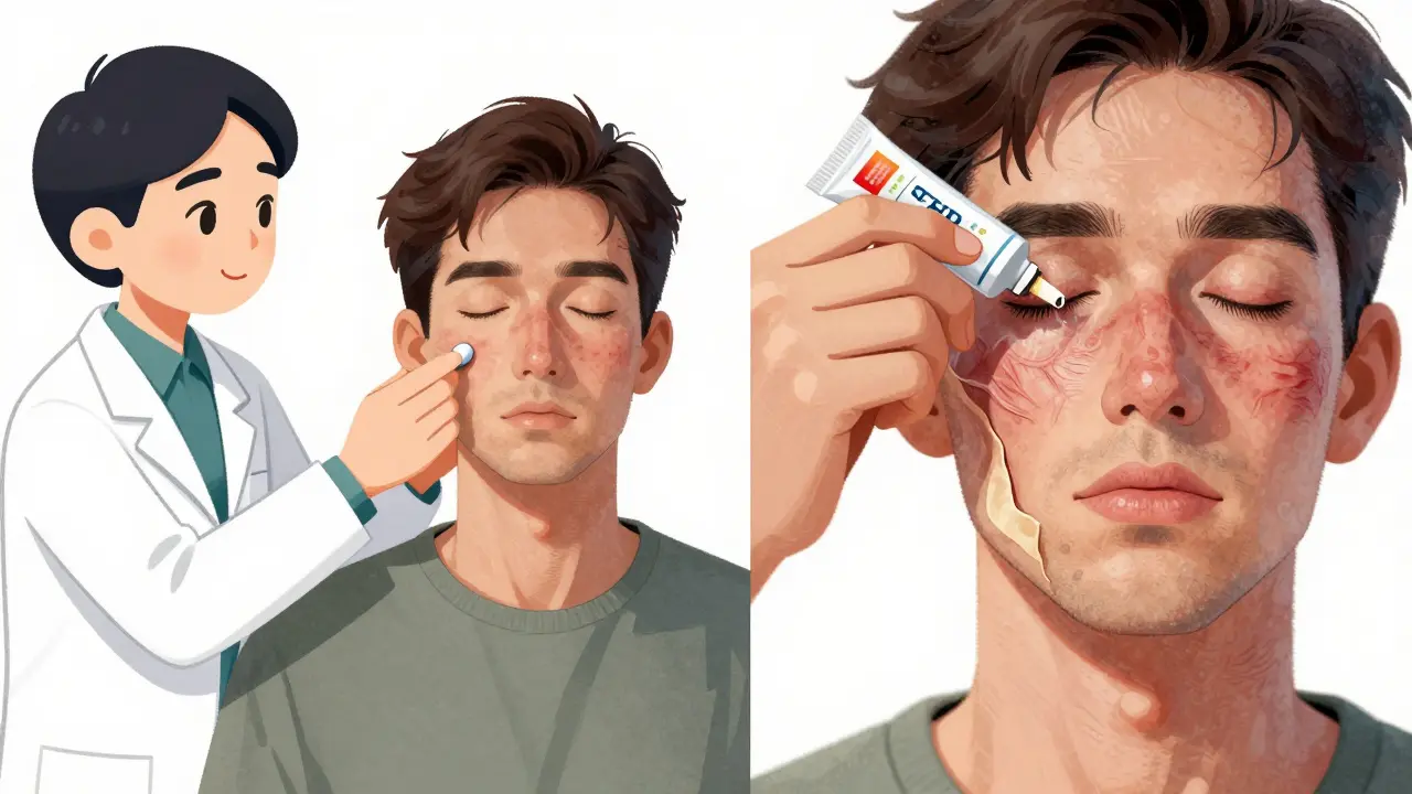 Illustration comparing safe facial steroid use versus dangerous misuse causing skin thinning and bruising.