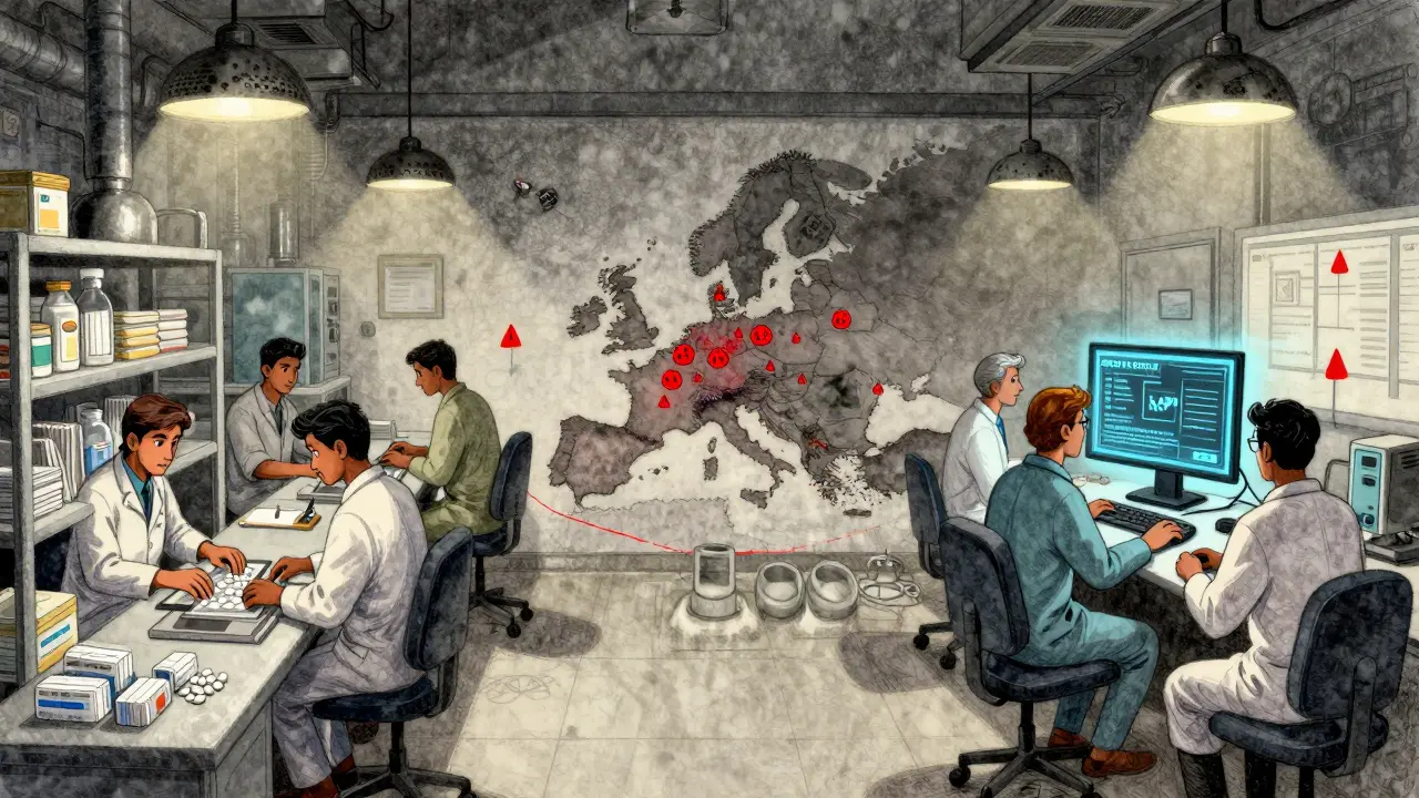 Indian and European generic manufacturing side-by-side, with XML ePI system and critical drug warnings.