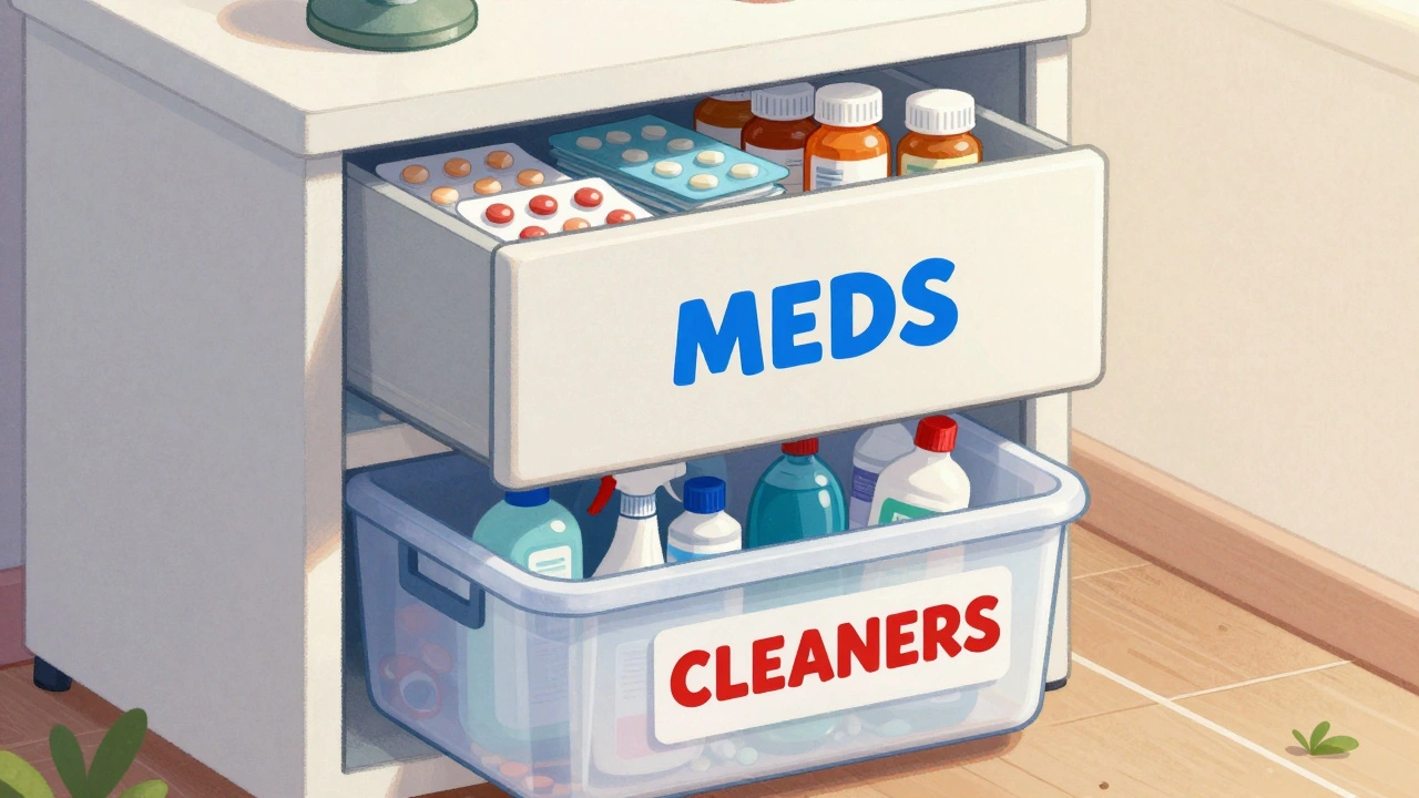 Locked medicine drawer and chemical bin separated by six feet in a bedroom