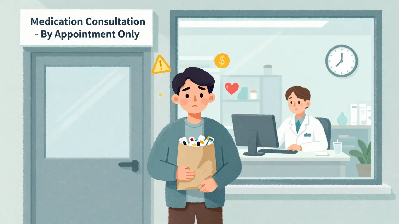 Man outside pharmacy holding medications, pharmacist visible inside on video call.