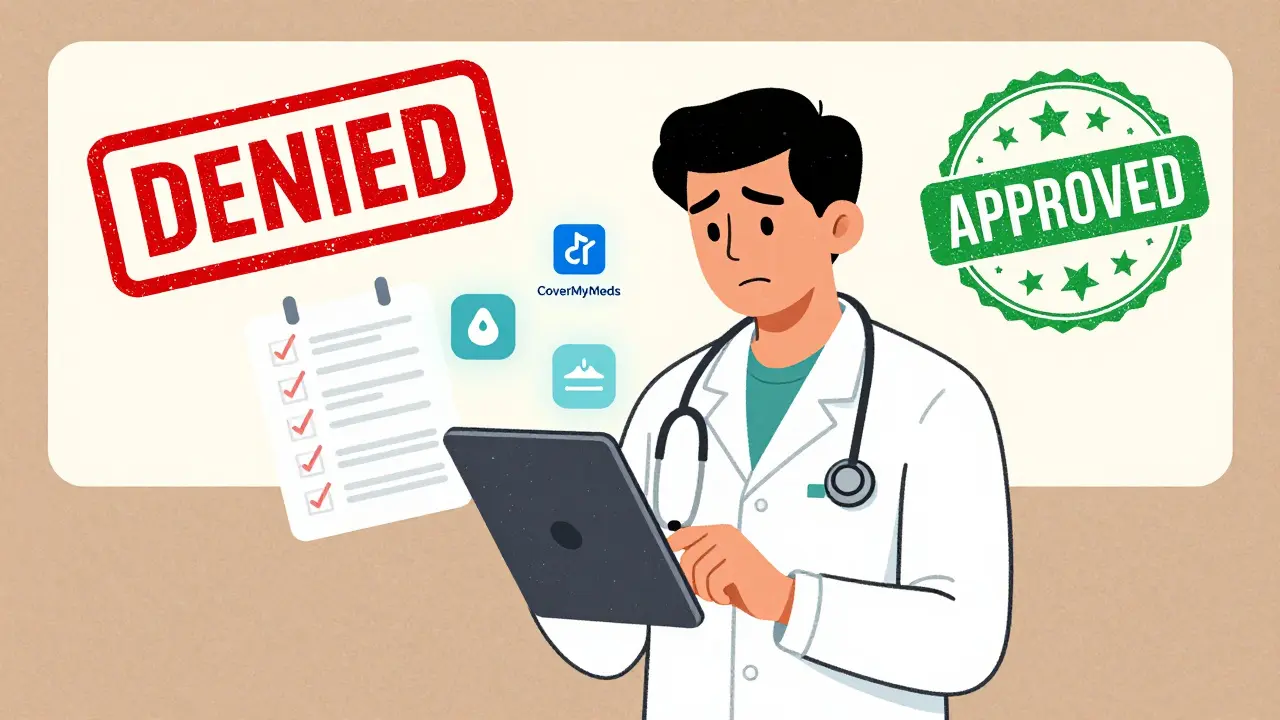 Medical assistant using tablet to submit prior authorization with approval and denial icons.