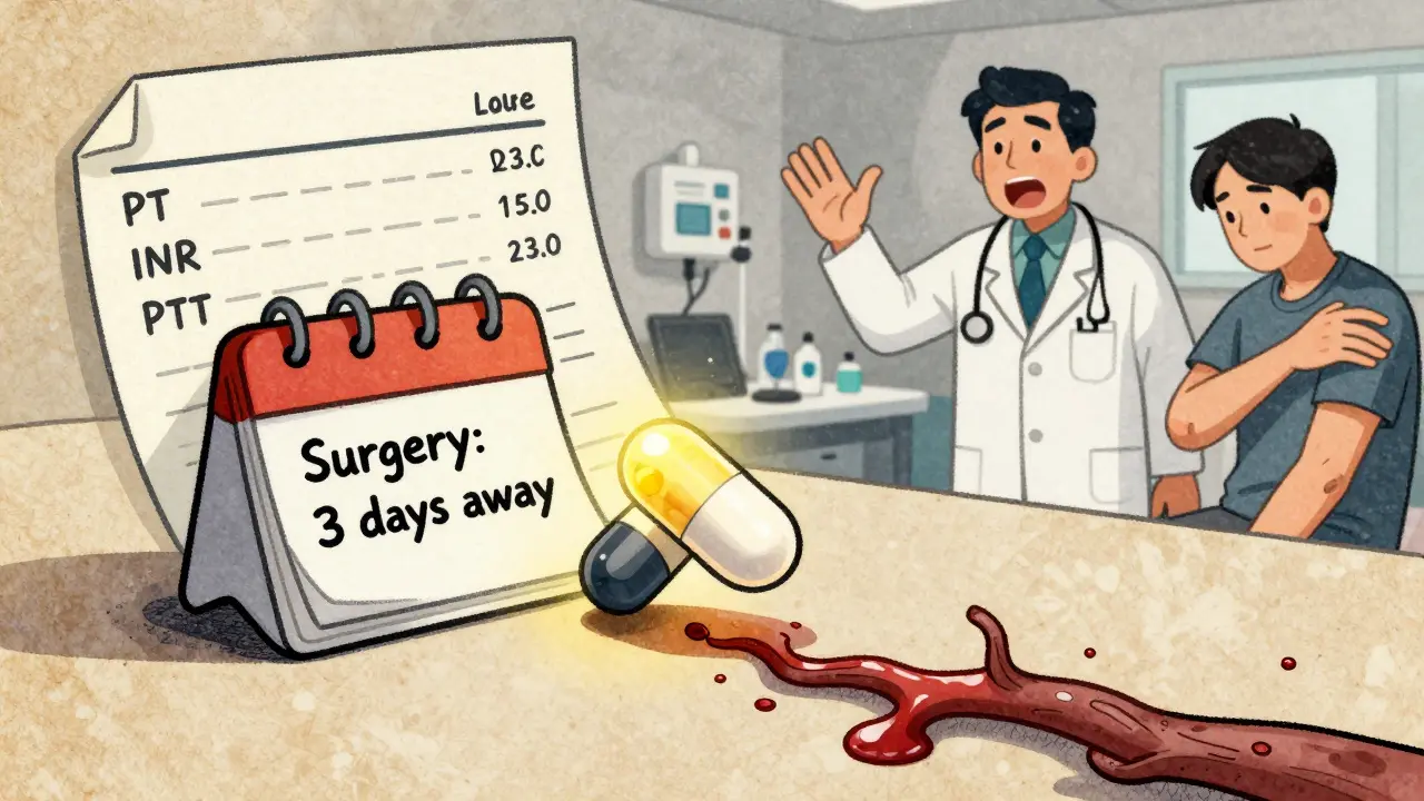 Medical chart with lab results and feverfew capsule casting a bleeding vein shadow.