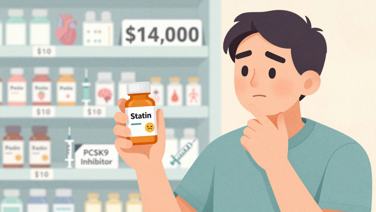 Patient comparing statin and PCSK9 inhibitor medications with price tags and side effect icons.