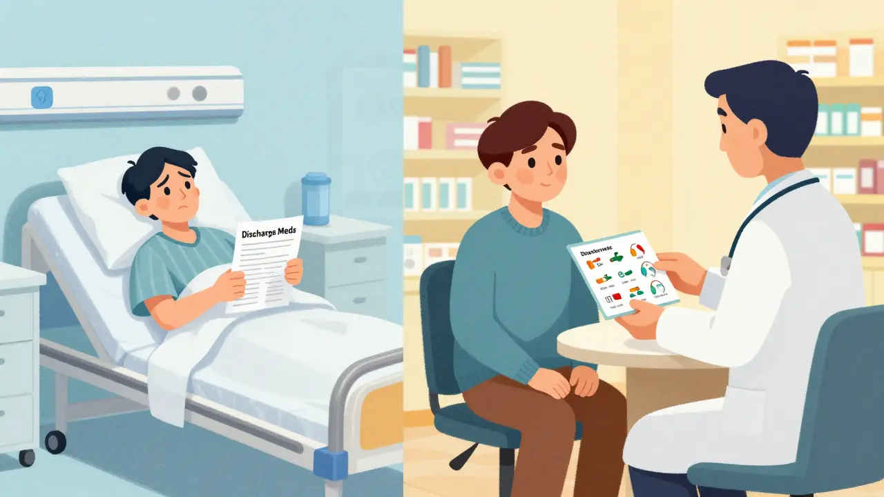 Patient transitioning from chaotic hospital discharge to organized pharmacy medication plan.