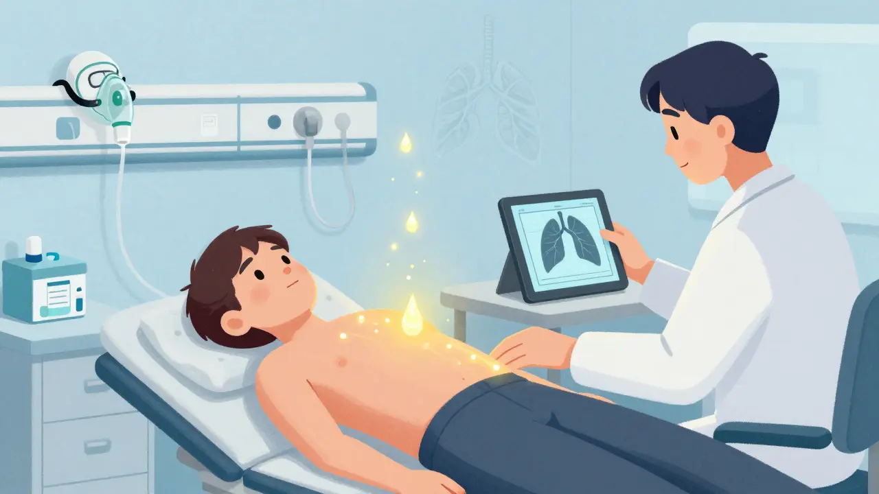 Patient undergoing controlled aspirin challenge in hospital, monitored by doctor with medical equipment nearby.