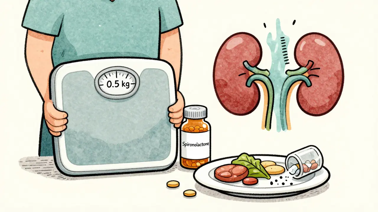Patient weighing themselves with diuretic pills and a salt shaker on a plate