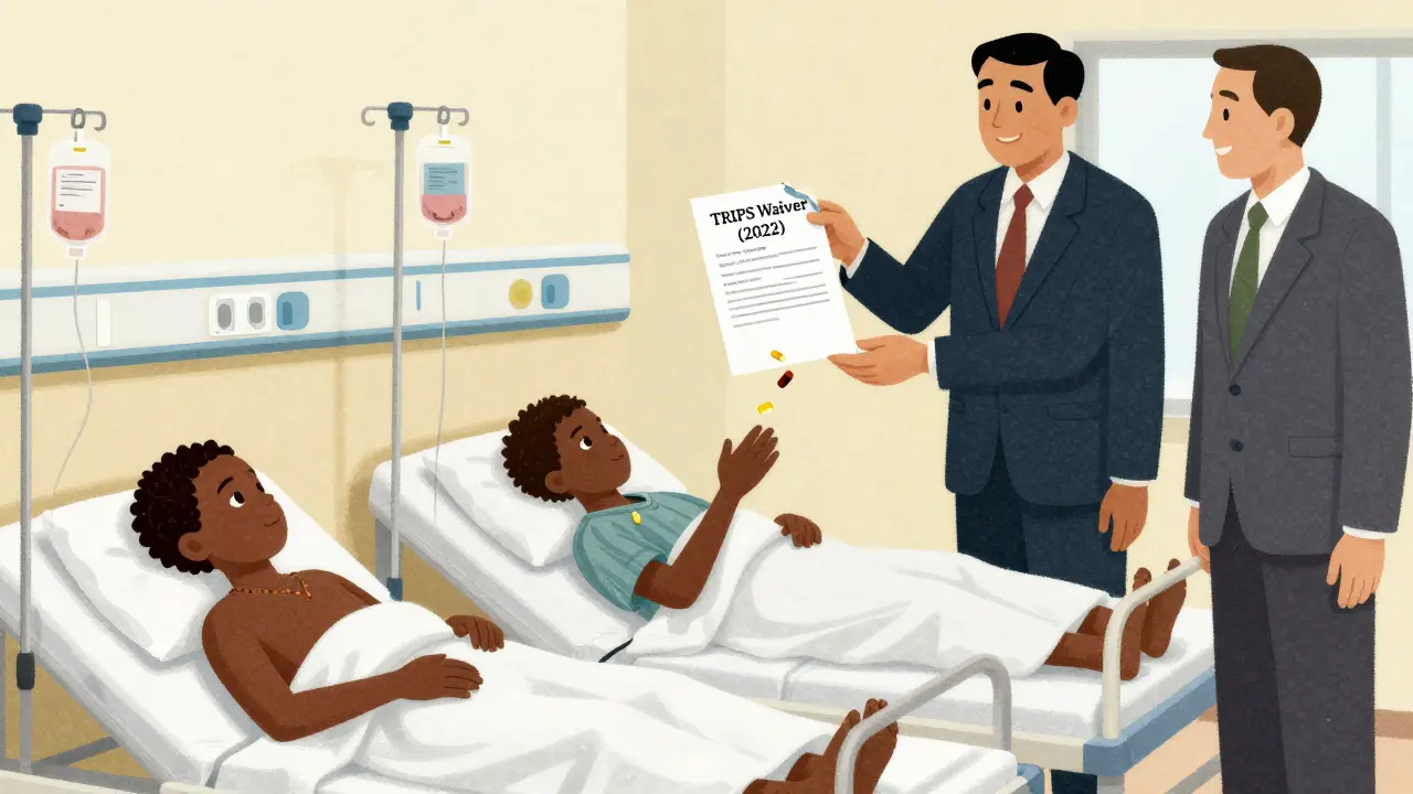 Patients in a hospital reach for pills falling from a torn TRIPS waiver document held by corporate figures.