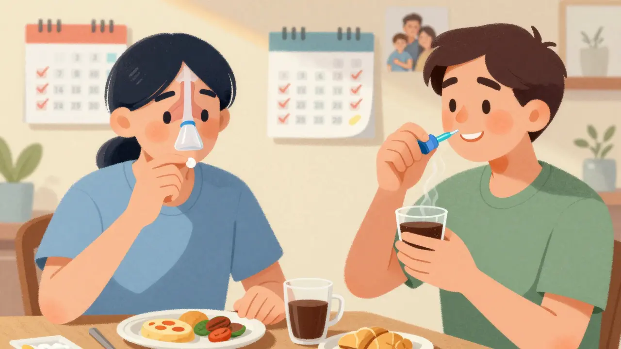 Person enjoying morning coffee after aspirin therapy, with improved sinuses and daily health routine illustrated.