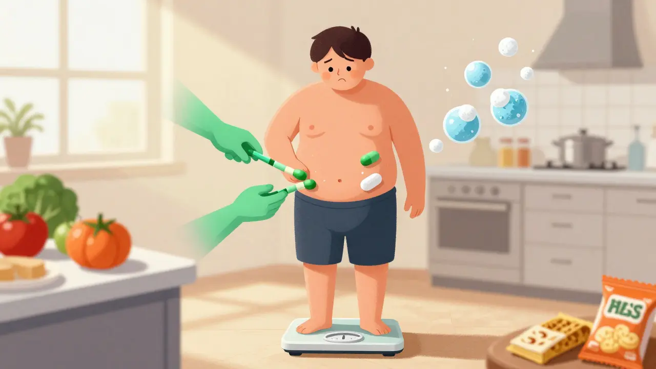 Person on scale with insulin pulling food into fat stores, contrasting past sugar loss and current food choices.