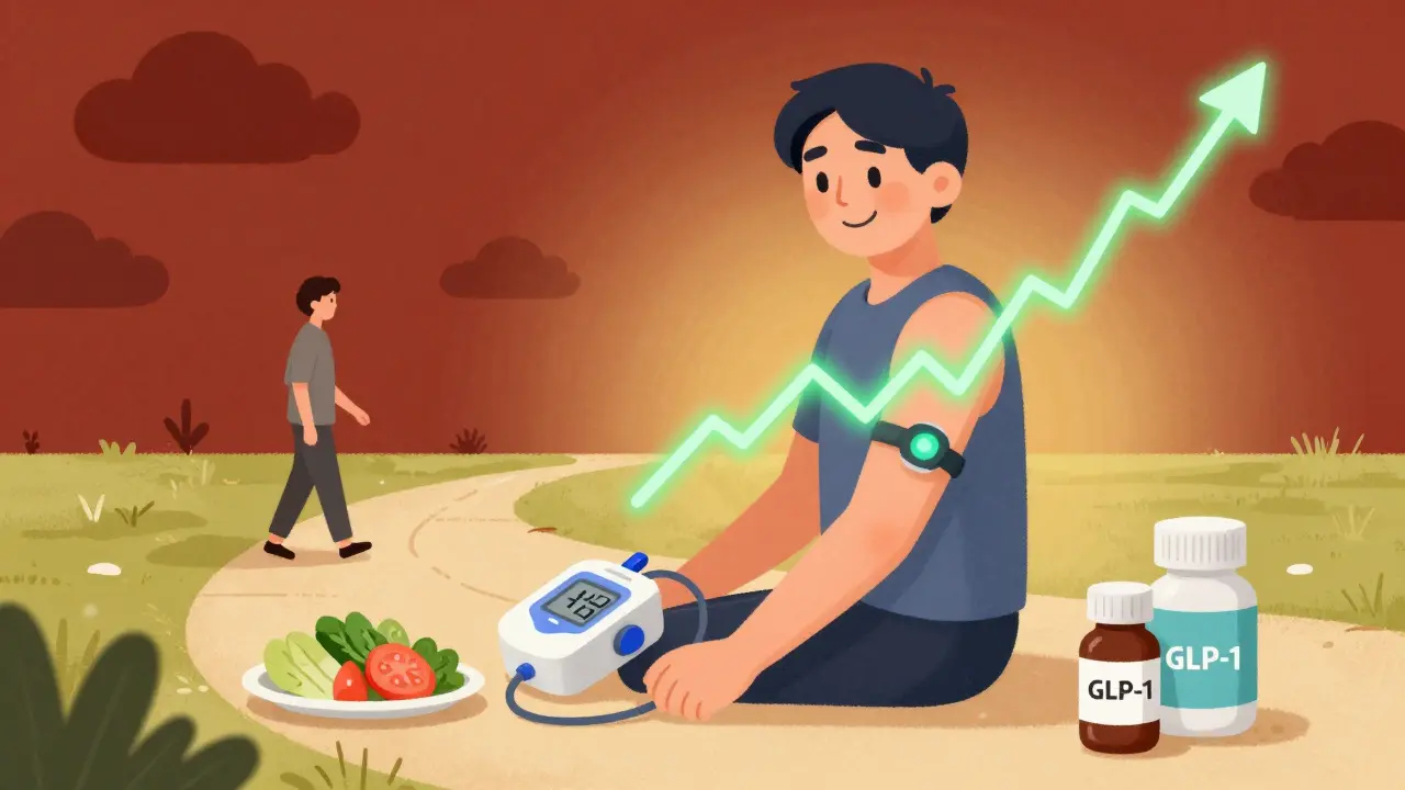 Person with CGM and healthy lifestyle tools, symbolizing balanced insulin therapy and reduced hypoglycemia risk.