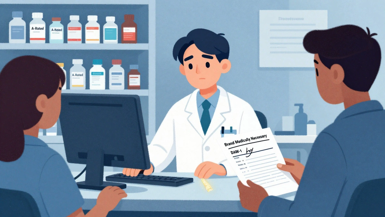 Pharmacist sees missing DAW-1 code on e-prescription as patient holds handwritten override note.