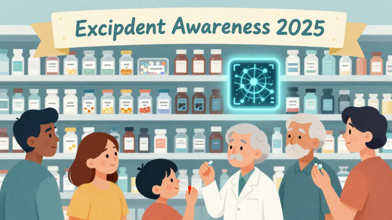 Pharmacy shelf showing pills with visible excipients, an AI analyzing genetics, and relieved patients.