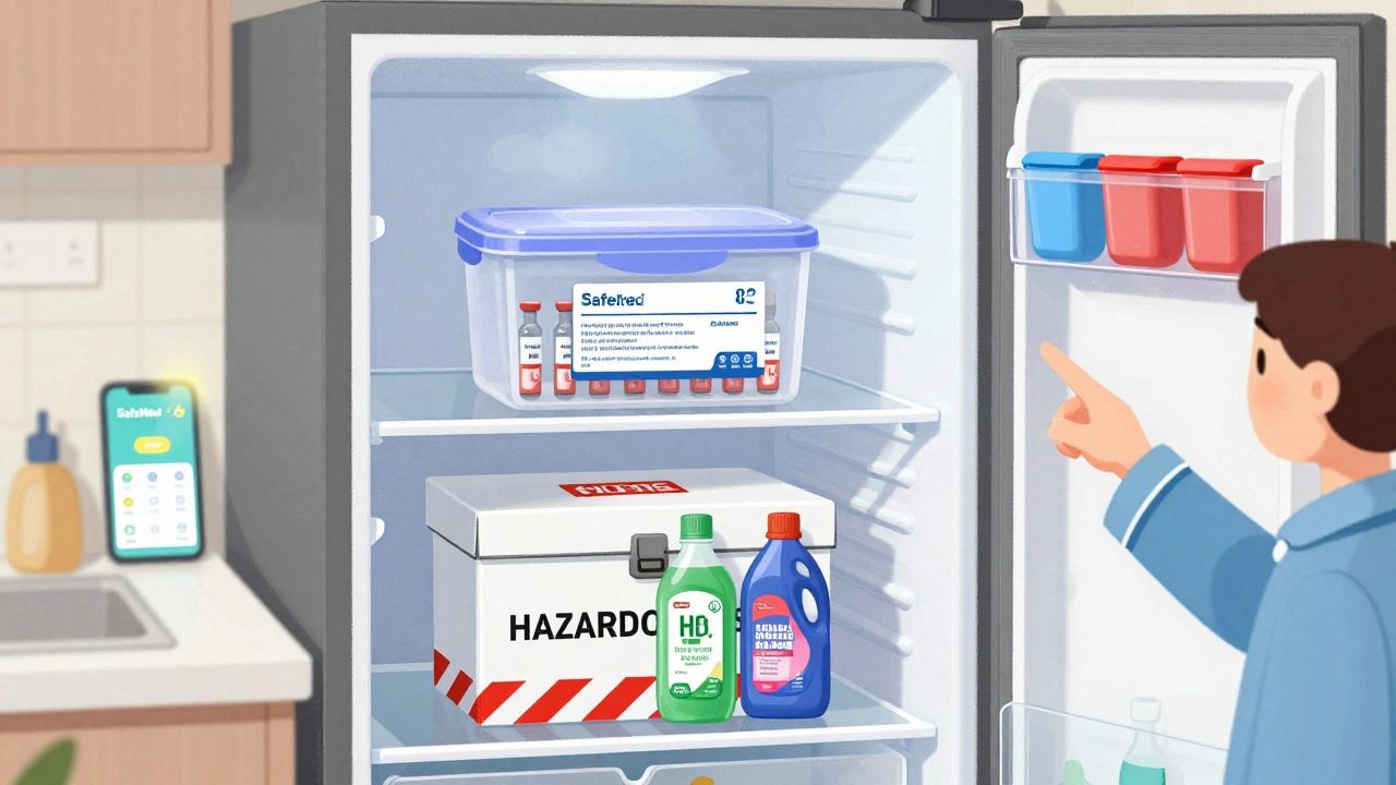 Refrigerator with labeled medicine and hazardous chemical storage zones