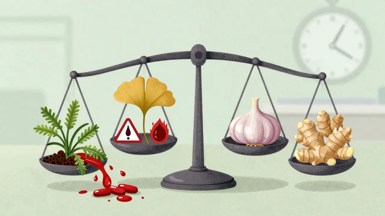 Scale comparing herbal supplements, feverfew tipping down and spilling red droplets.