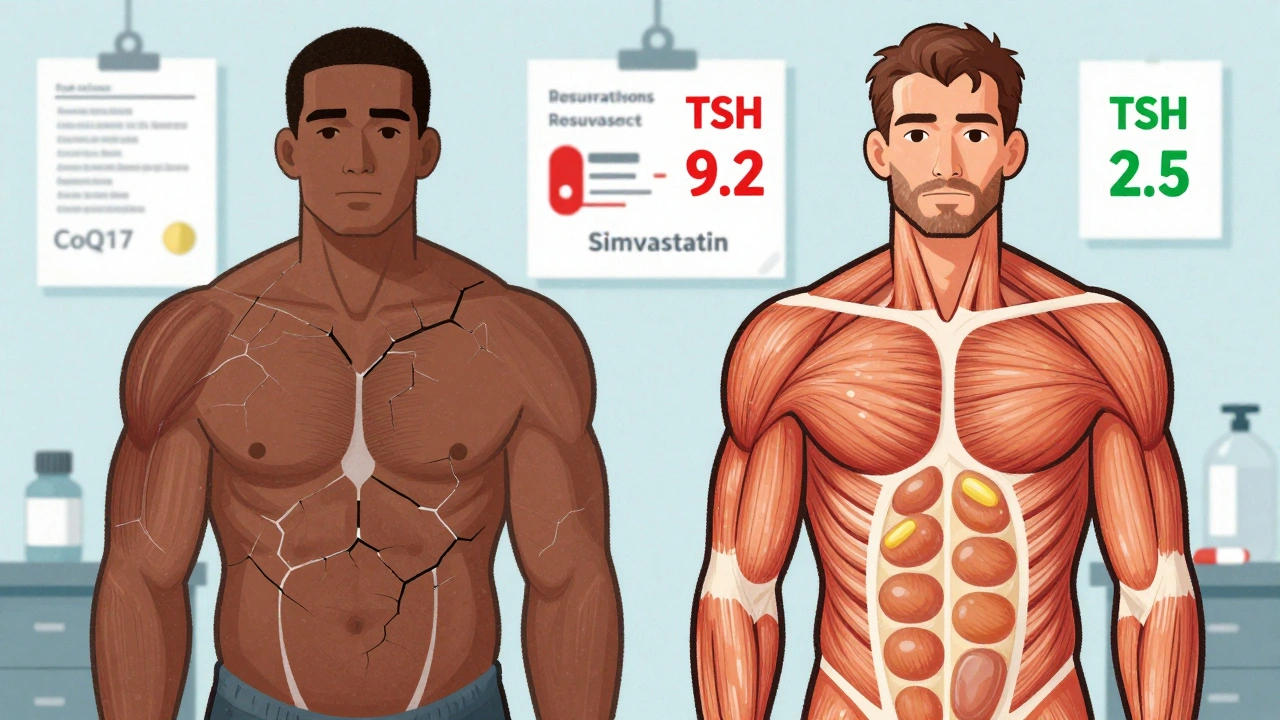 Side-by-side comparison of a hypothyroid patient on risky statin versus safe statin, with TSH levels and muscle health shown visually.