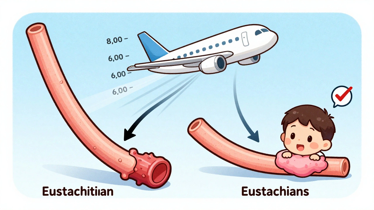 Side-by-side diagram of adult and child Eustachian tubes during flight, showing pressure differences and congestion.