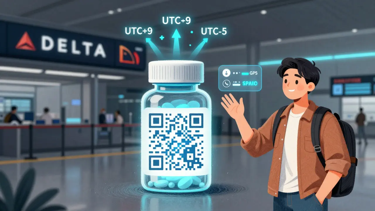Smart pill bottle with AR time zone display and QR code in futuristic airport setting.
