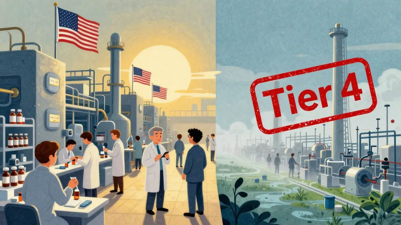 Split factory: U.S. plant bustling with inspectors vs. distant overseas facility in fog