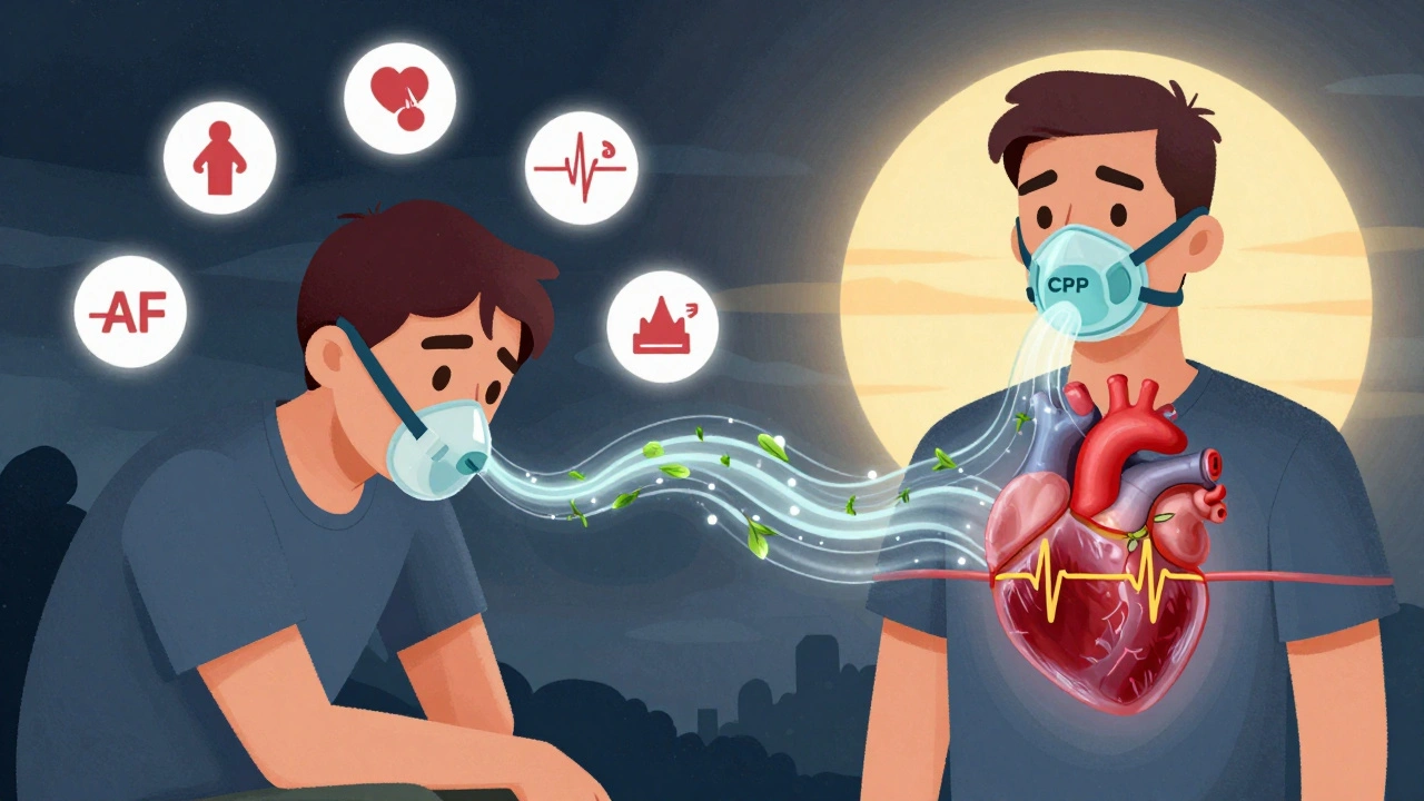 Split image: tired man with heart risks vs. same man healed with CPAP, oxygen vines flowing into a healthy heart at sunrise.