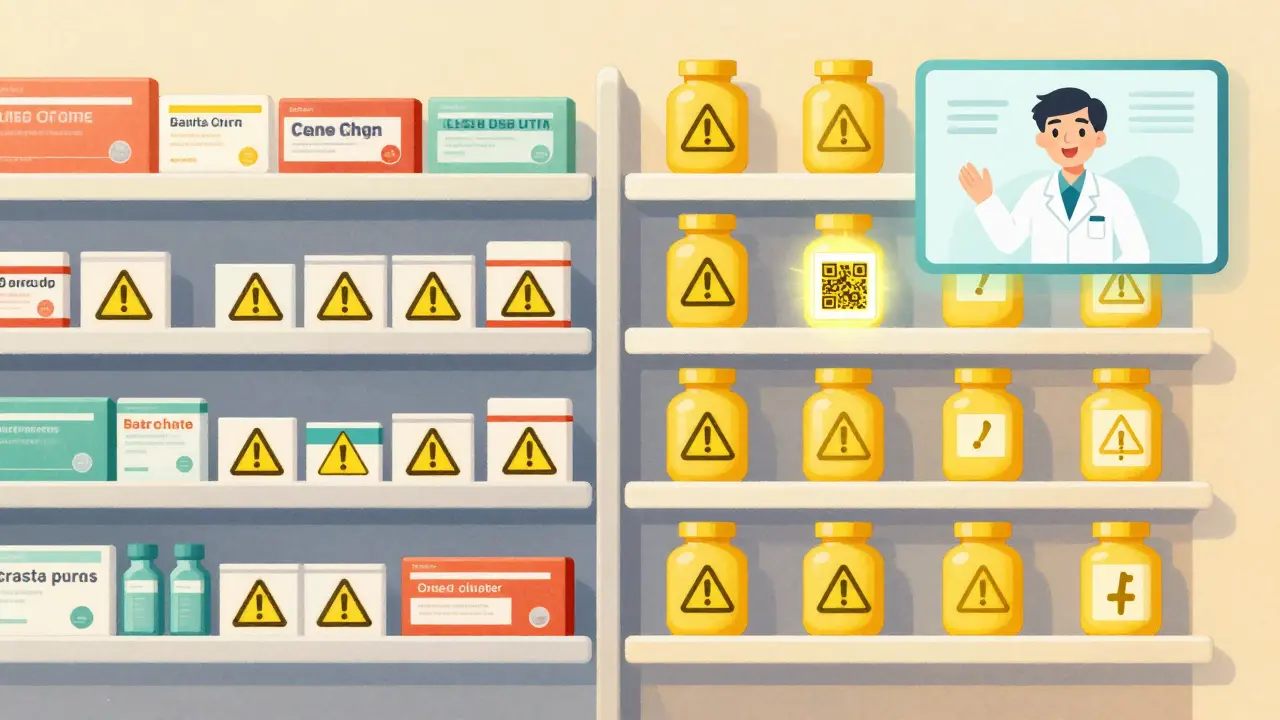 Split scene: chaotic pharmacy labels vs. standardized warning icons with a QR code linking to a video explanation.