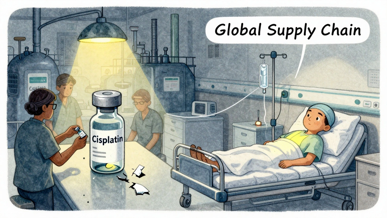 Split scene: Indian drug factory with damaged vials and U.S. hospital room with empty IV pole, connected by fragile supply chain thread.