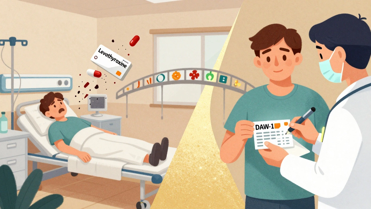 Split scene: patient in crisis vs. stable, connected by correct DAW-1 prescription with glowing pen.