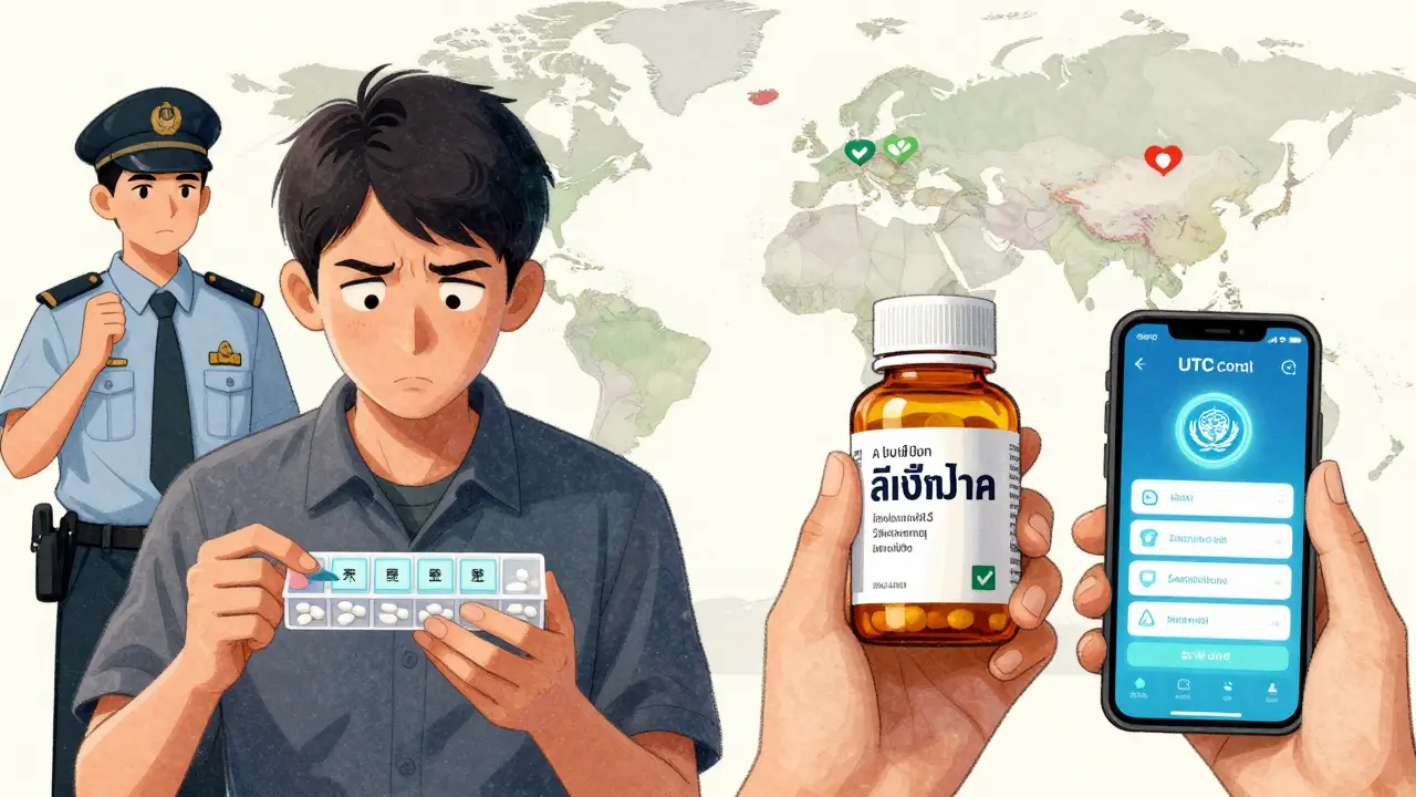 Split scene: unlabeled pills vs. properly labeled bottle with multilingual text and WHO app.