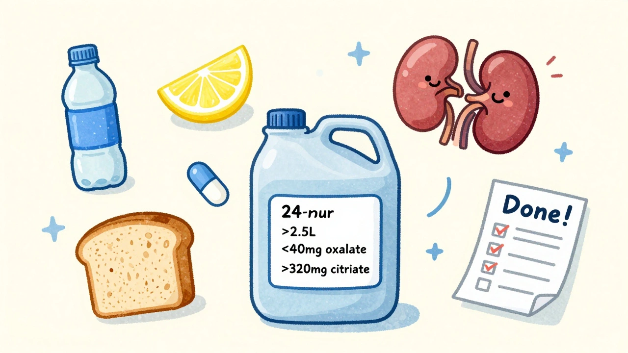 Urine jug with health targets and icons of water, lemon, low-sodium food, and citrate pill, smiling kidney above.