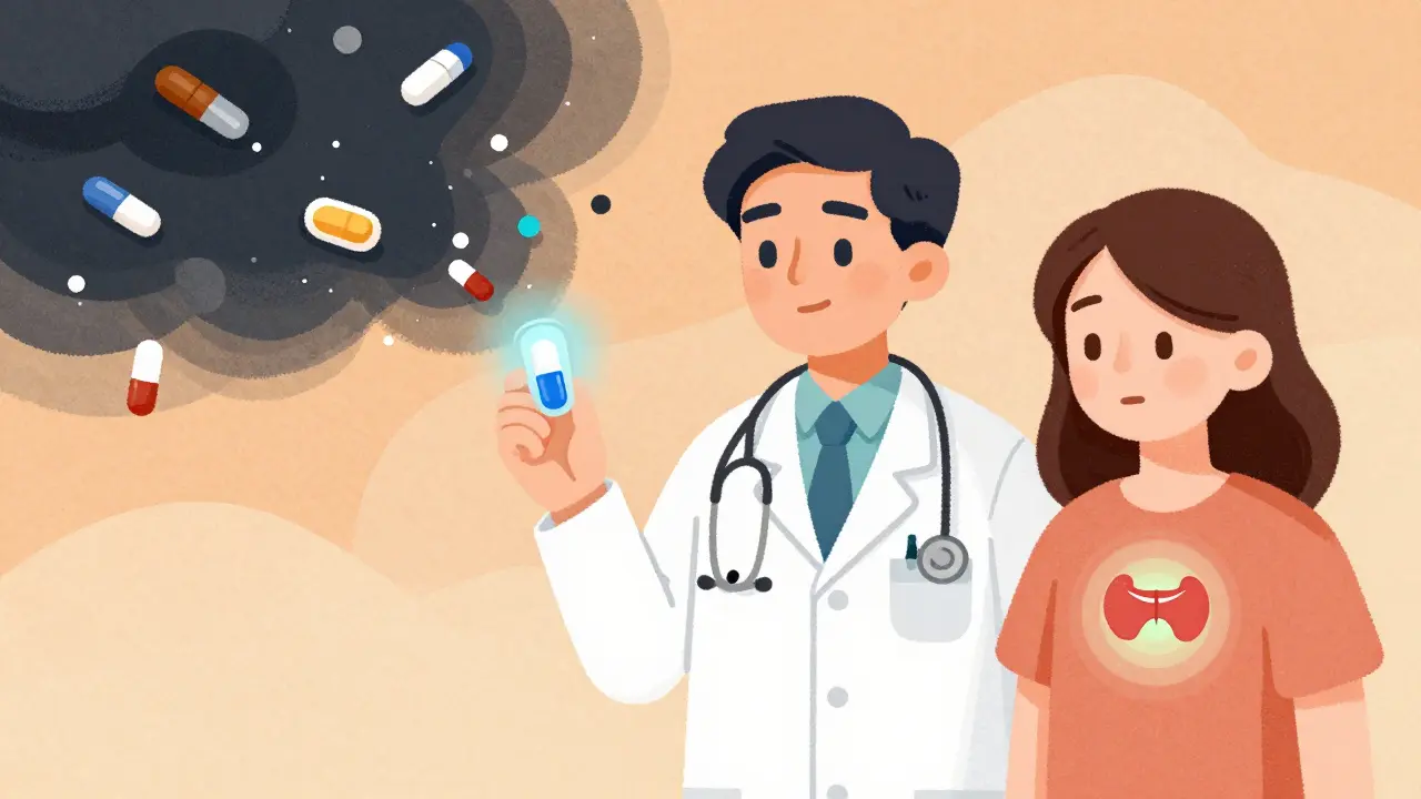 A doctor holding a digital pill as a balanced thyroid glows gently, with harmful drugs fading in the background.