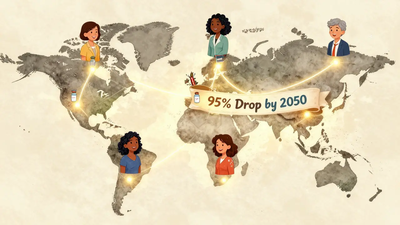 A global map showing HPV prevention progress with vaccine and test icons connecting countries.