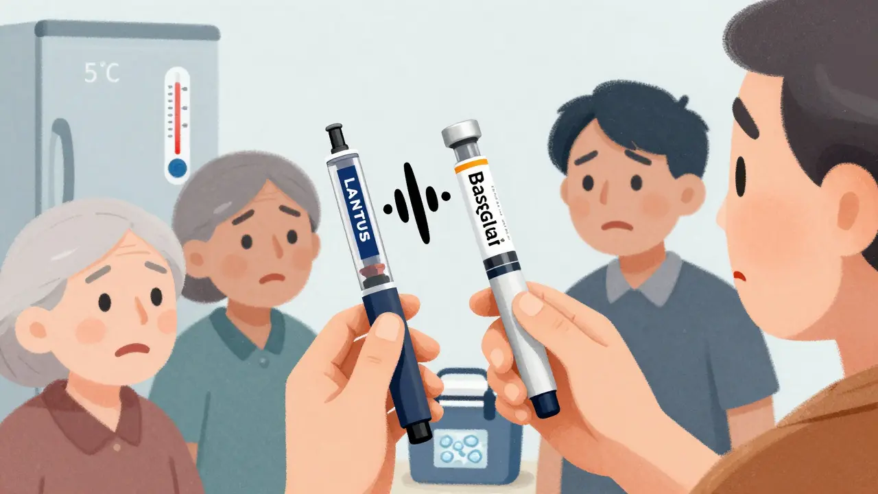 A patient comparing two insulin pens, one with a strong click and one with a soft click, beside a fridge and travel cooler.