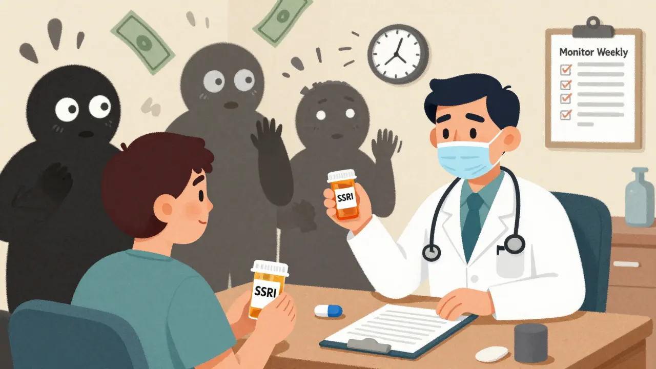 A patient holding an antidepressant prescription while shadowy signs of mania grow behind them in a clinic.