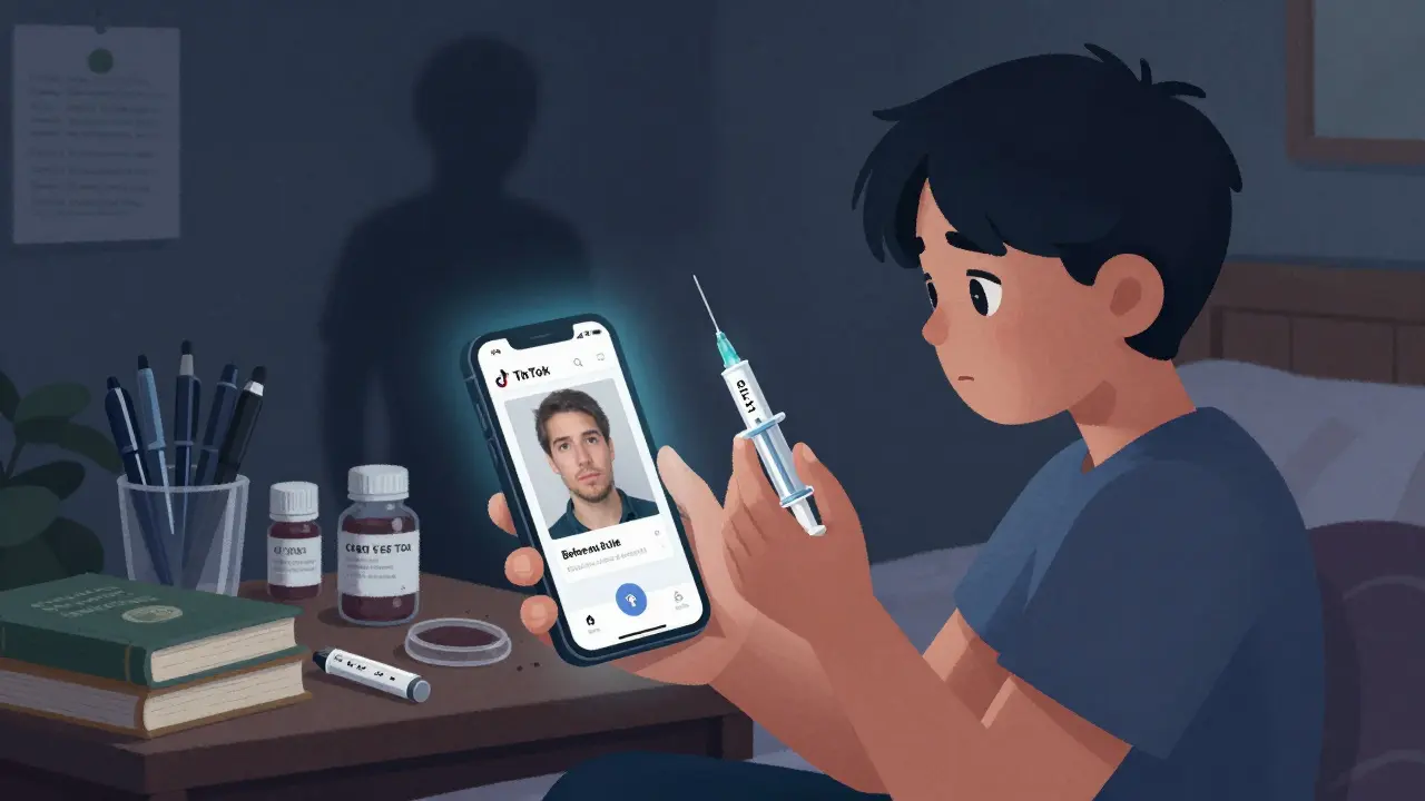 A person uses a fake weight-loss injector at home, unaware of hidden dangers from an online purchase.