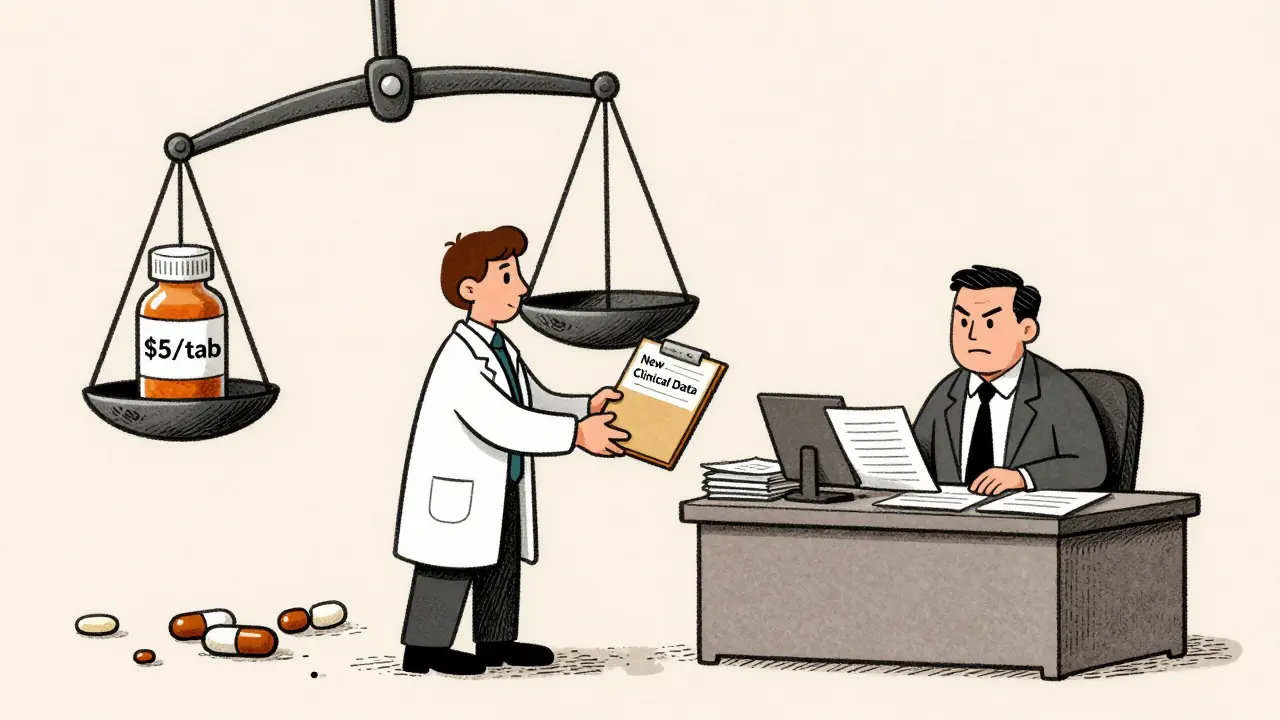 A scientist gives clinical data to an FDA official while a branded drug dominates a scale over cheap generics.