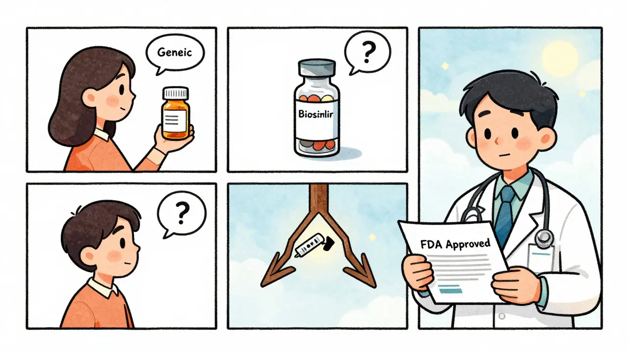 A three-panel decision tree showing a patient asking questions about generics, biosimilars, and FDA approval with a supportive doctor.