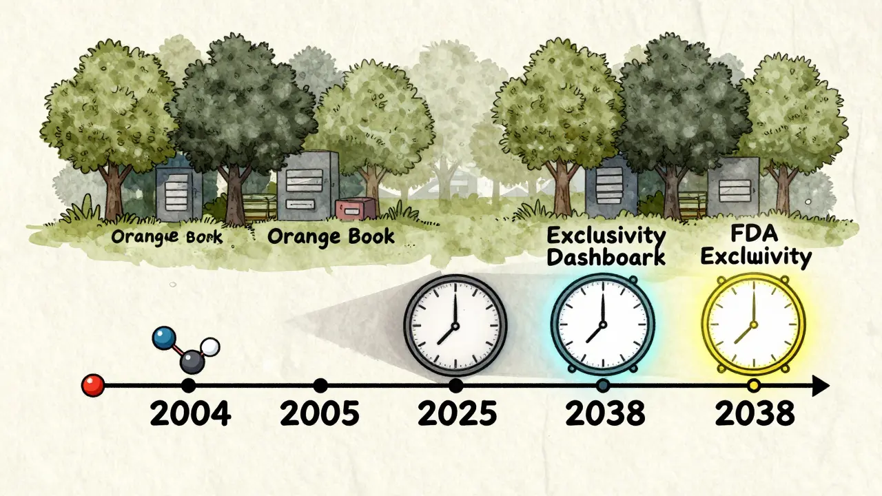 A timeline shows patent expiration and FDA exclusivity extending drug monopoly until 2038.