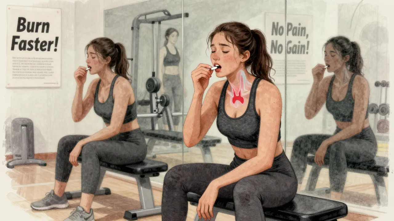 A woman taking an extra thyroid pill at the gym, with ghostly reflections showing her exhausted true self.