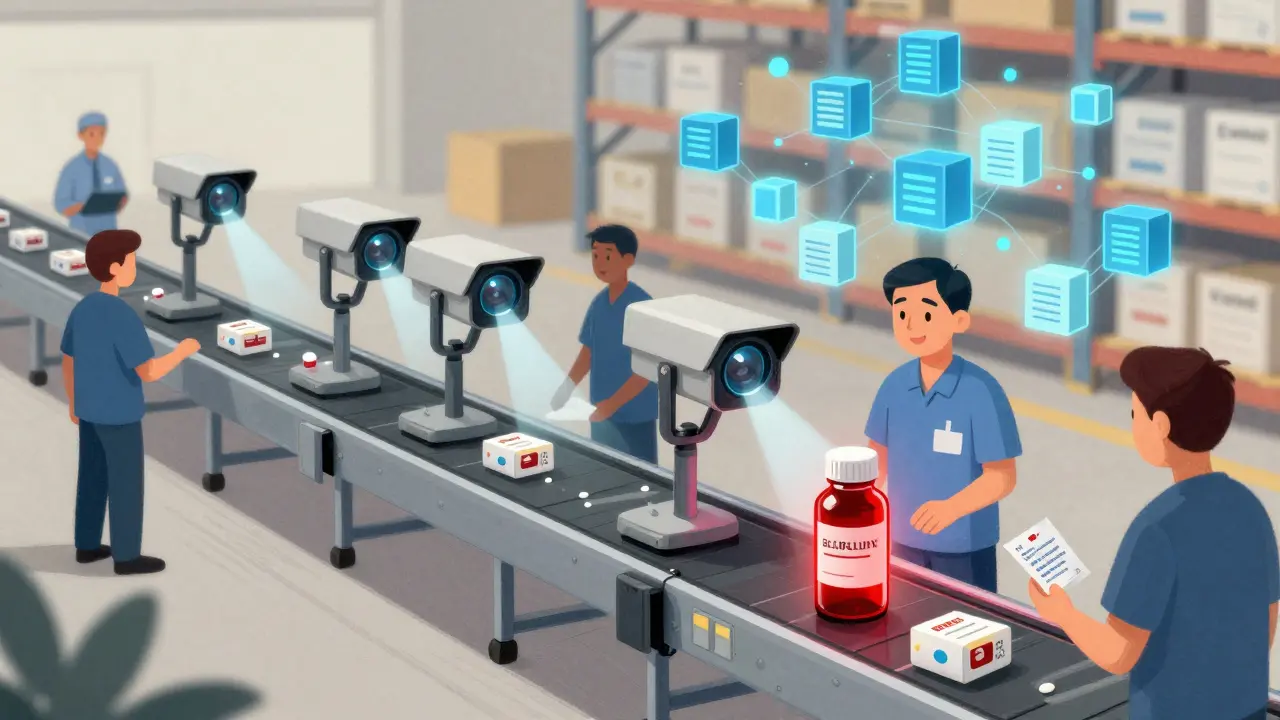 AI cameras scanning drug packages on a warehouse belt, one counterfeit flagged in red.