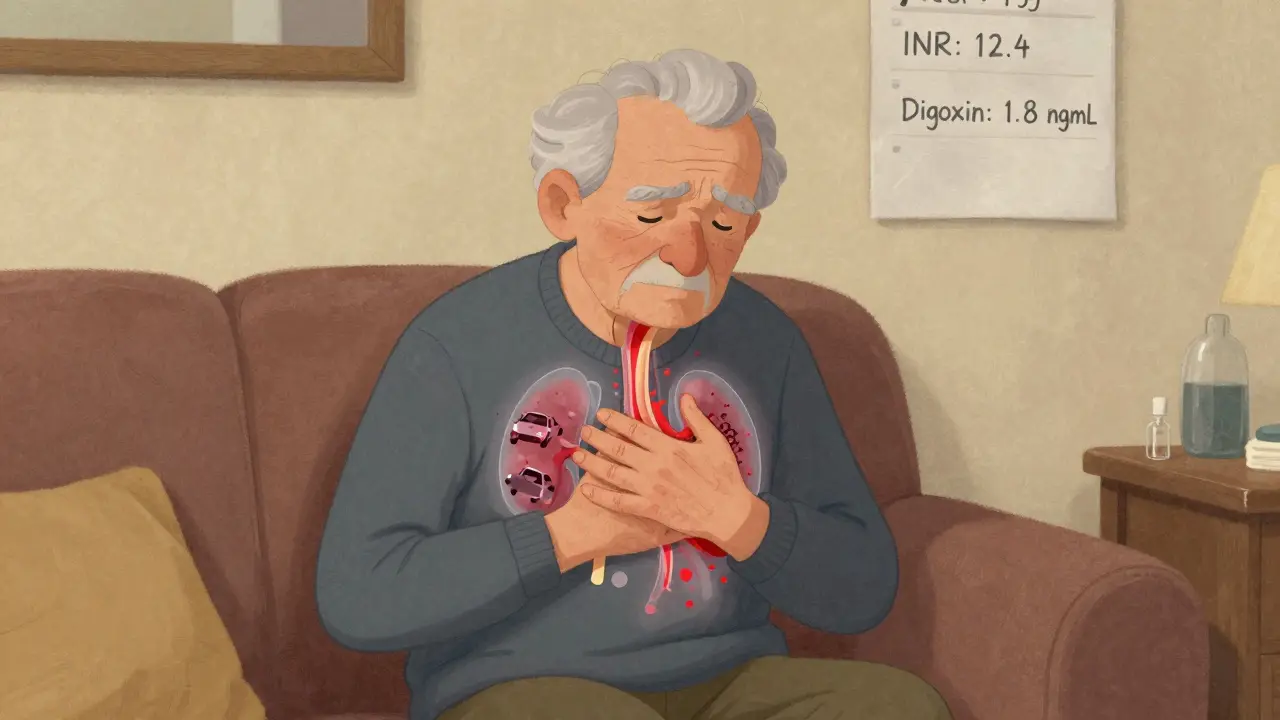 An elderly person with internal drug buildup shown through transparent overlays, in textured cartoon style.