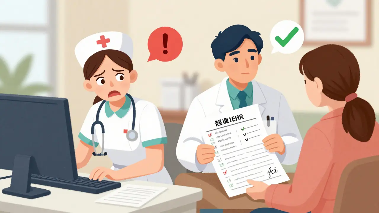 Contrasting scenes: a stressed nurse using an EHR system vs. a calm pharmacist reviewing meds with a patient at home.