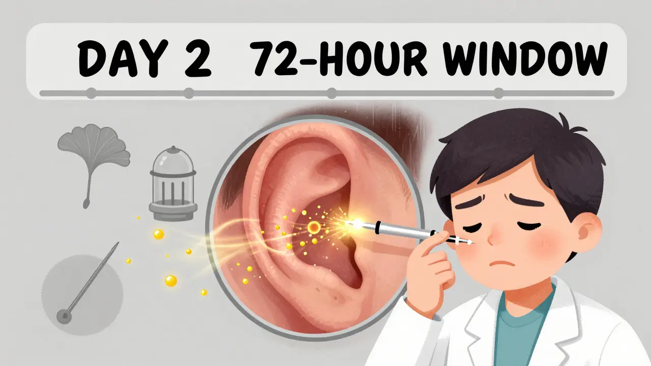 Doctor administering steroid injection into the ear, with glowing medication spreading into the inner ear.