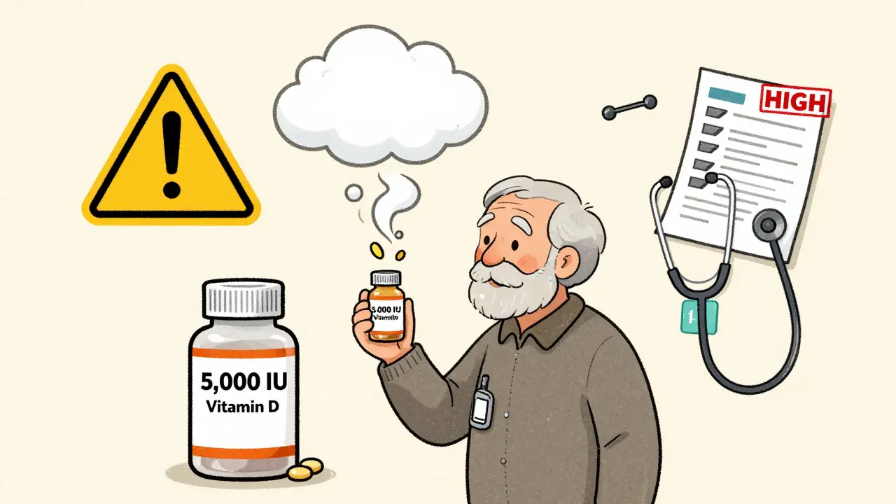 Elderly person taking thiazide and high-dose vitamin D, with calcium ions rising as a warning cloud.