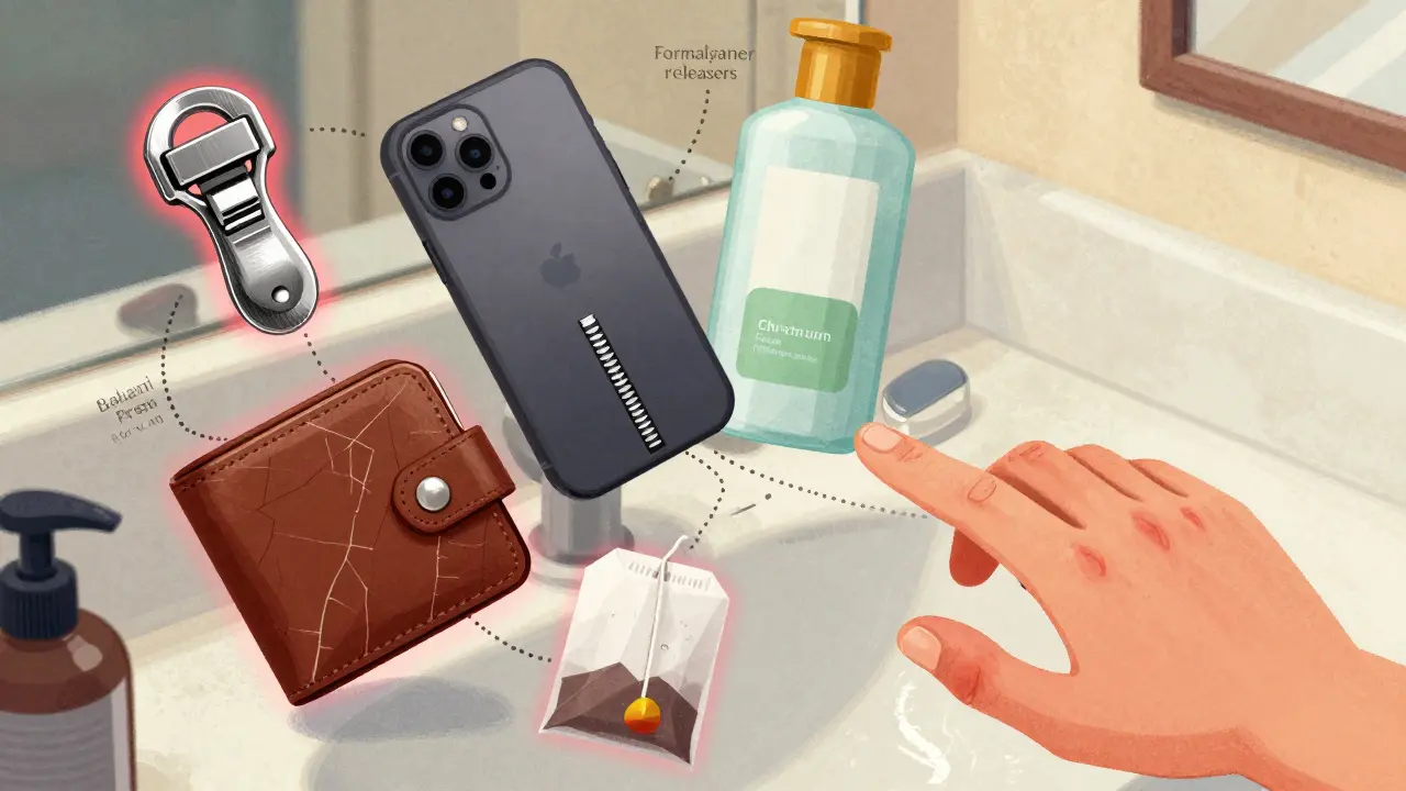 Everyday objects like jewelry, soap, and lip balm with glowing red halos around hidden skin allergens.