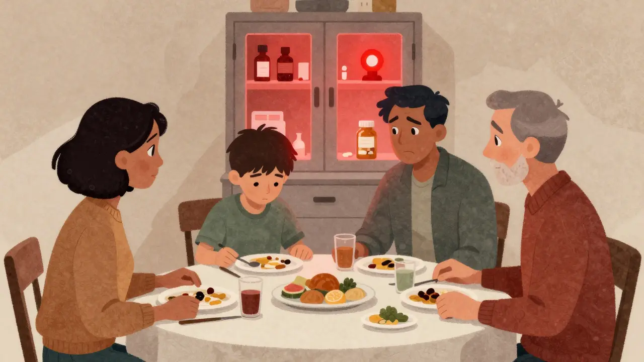 Family at dinner, one teen withdrawn, locked medicine cabinet glowing with warning light.