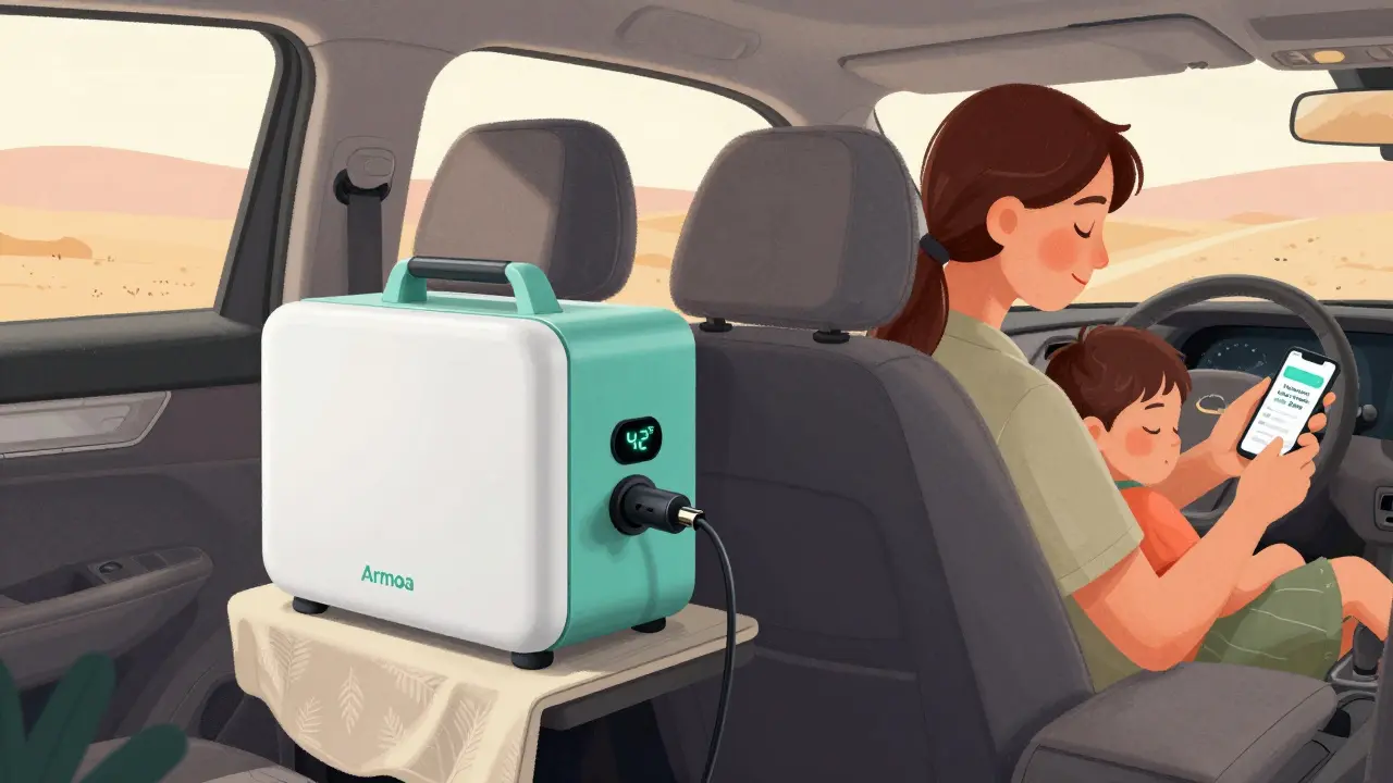 Family in car with portable medical fridge charging and temperature monitoring.