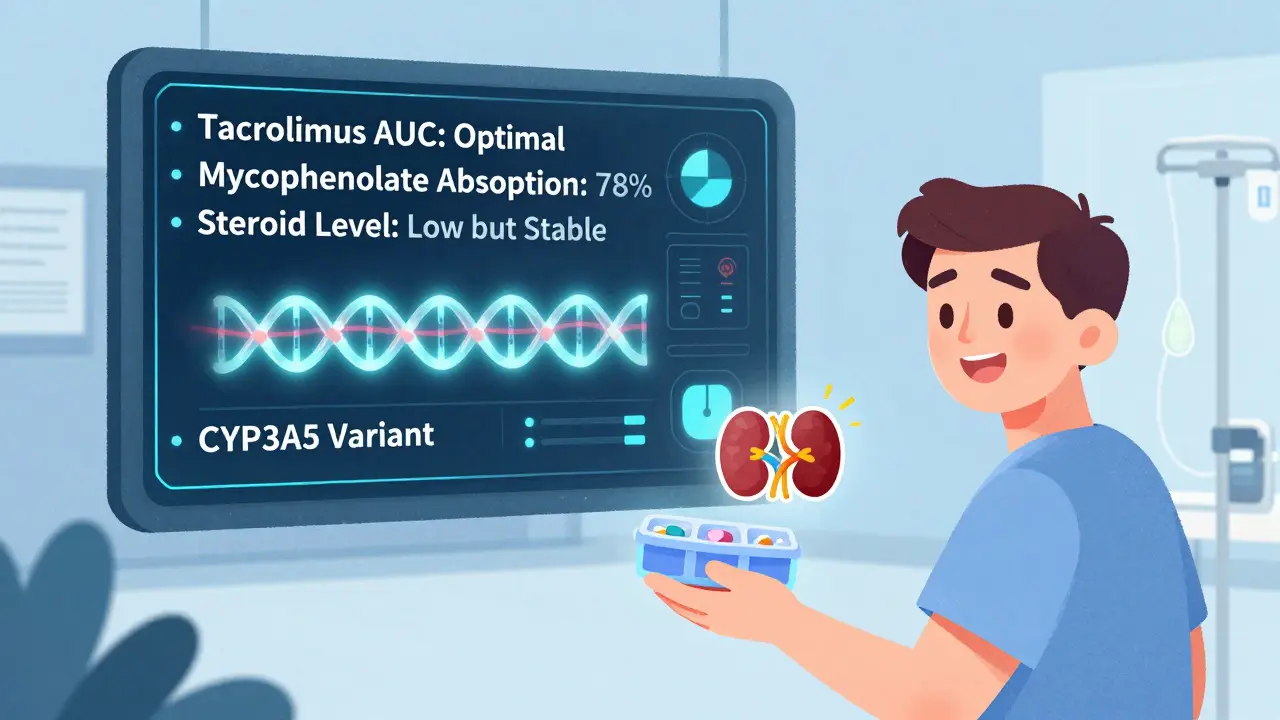 Futuristic medical dashboard monitoring drug levels and gene markers above a healthy transplant recipient.