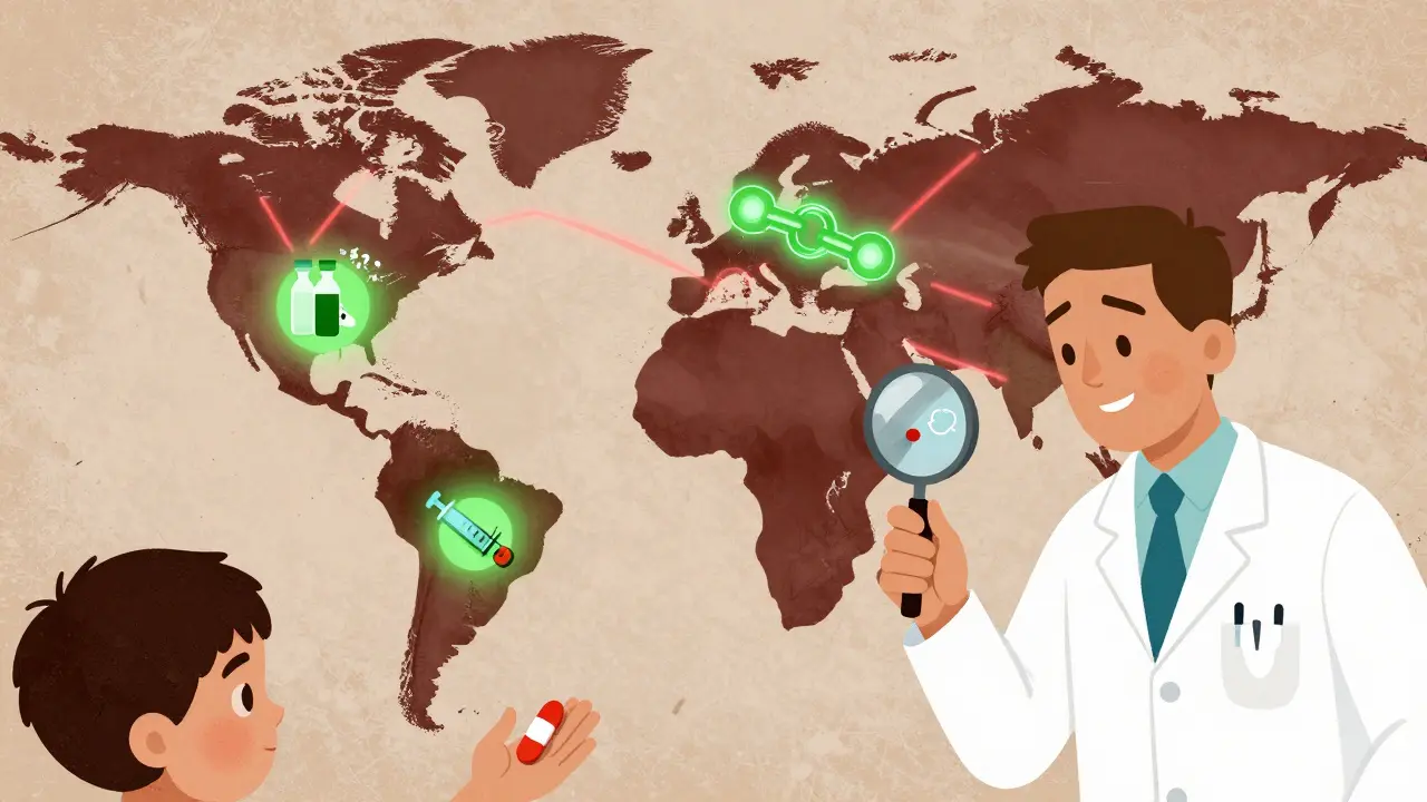 Global map shows counterfeit drug routes with blockchain protection glowing over legitimate pharmaceuticals.