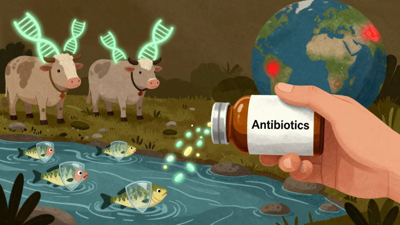 Hand pouring resistance genes into a river, affecting fish and farms, with a spreading global hotspot map.
