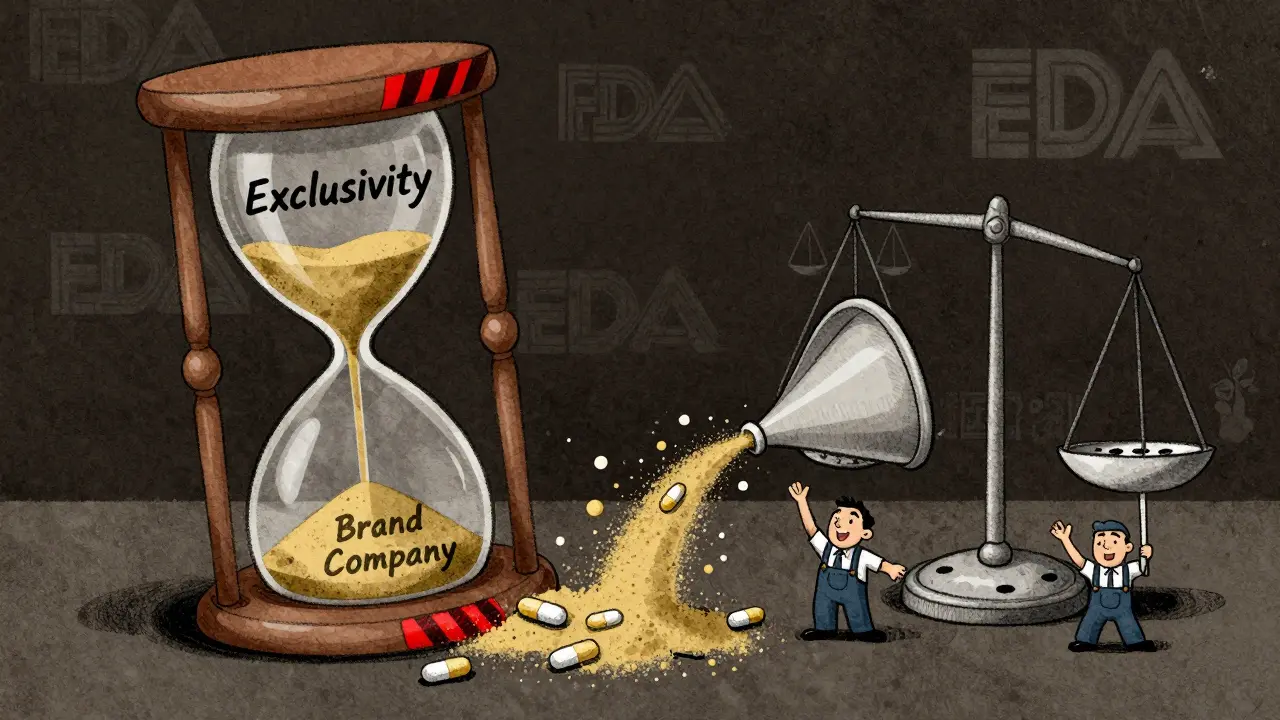 Hourglass of exclusivity pouring into a brand company funnel, while small generic companies try to catch the falling sand with broken sieves.